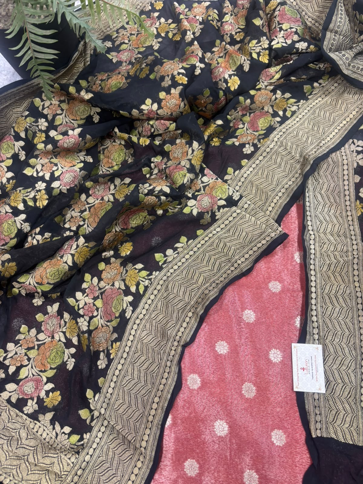 Peach Banarasi Tissue Silk Booti Suit With Black Georgette Dupatta — Handwoven