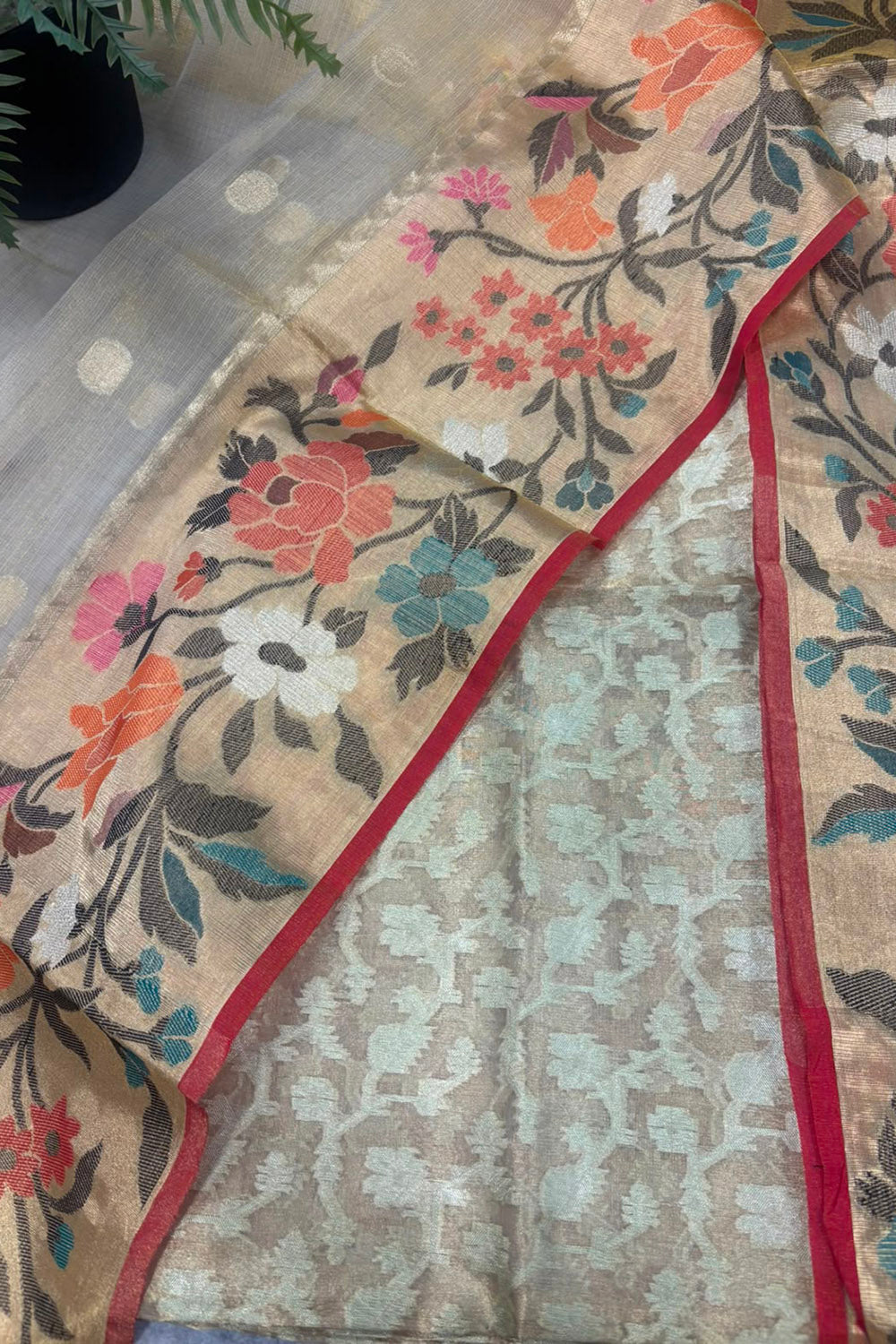 Golden Banarasi Tissue Silk Suit With Golden Kota Tissue Dupatta — Paithani Border