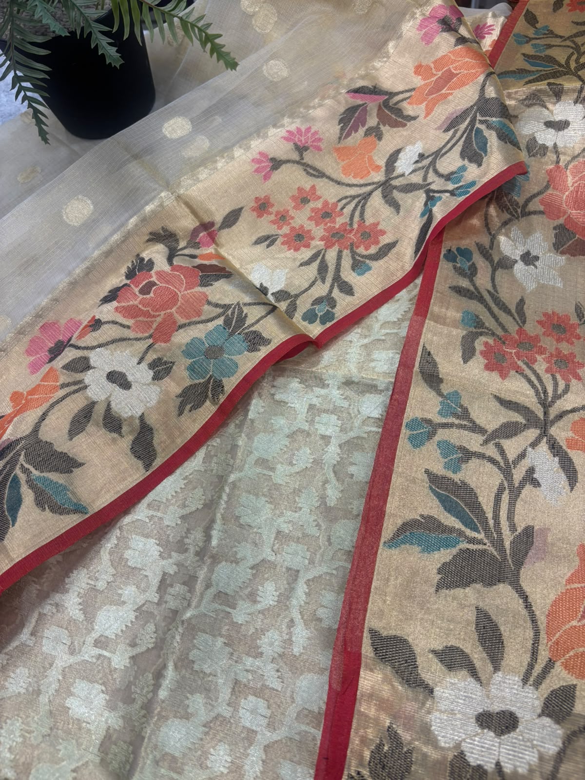 Golden Banarasi Tissue Silk Suit With Golden Kota Tissue Dupatta — Paithani Border