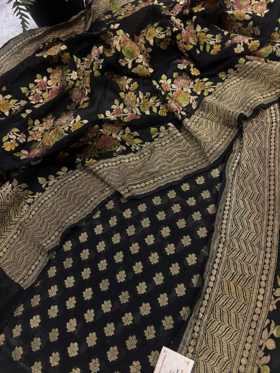 Black Banarasi Georgette Suit With Black Brush Dye Pure Georgette Dupatta — Handwoven