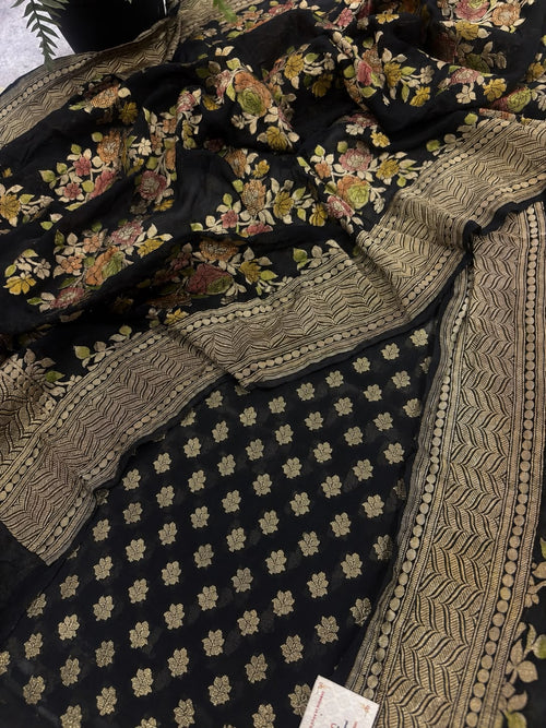 IS4B1GF226071317 Black Banarasi Georgette Suit With Black Banarasi Handloom Brush Dye Pure Georgette Dupatta