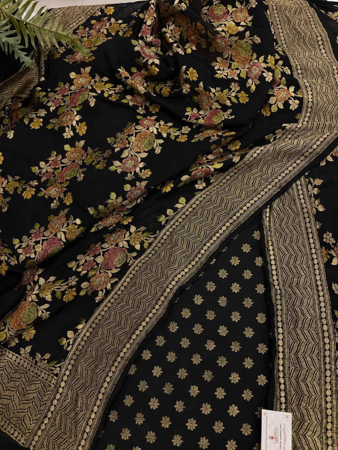 Black Banarasi Georgette Suit With Black Brush Dye Pure Georgette Dupatta — Handwoven