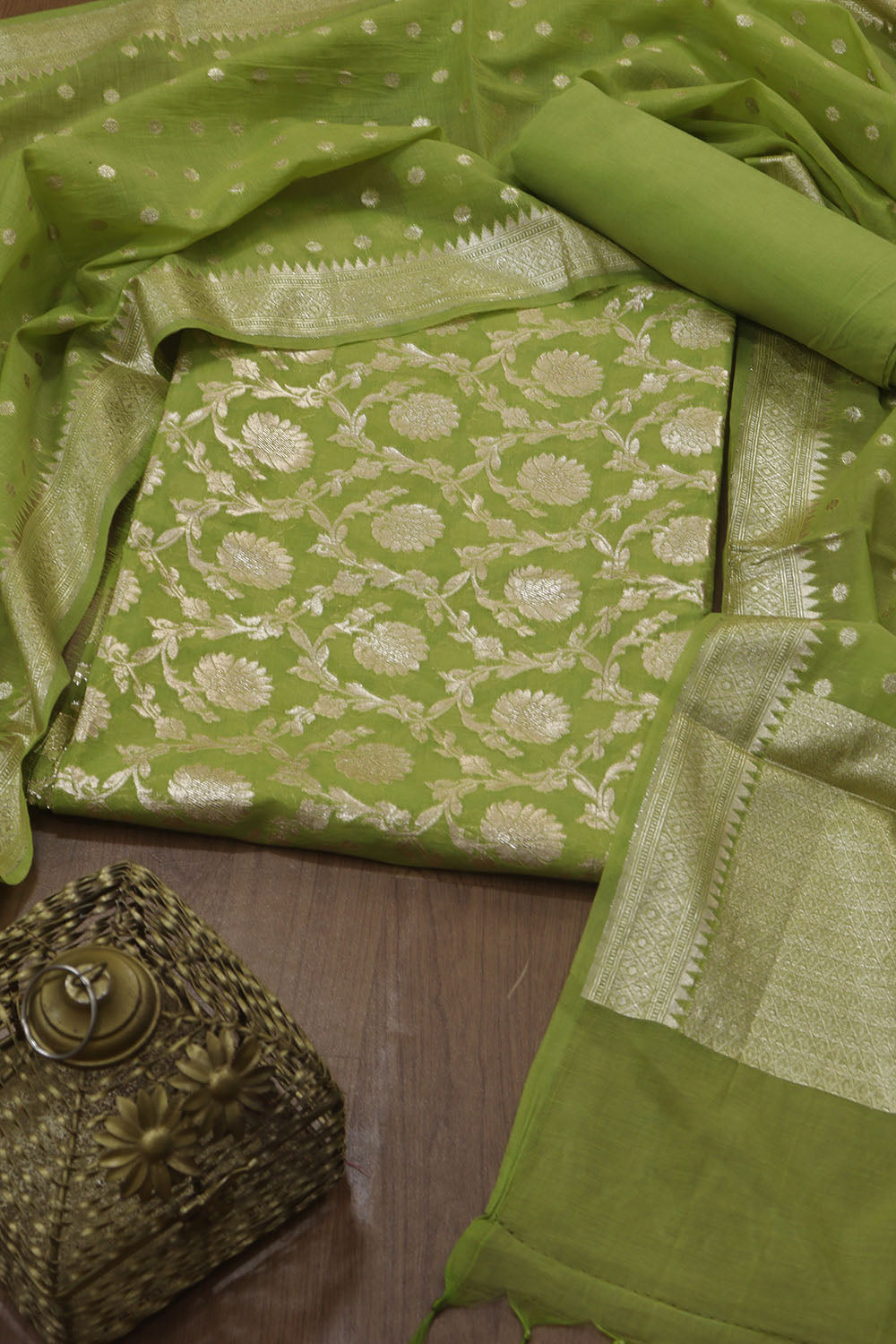 Stylish Green Banarasi Cotton Suit Set - Unstitched Trio - Luxurion World