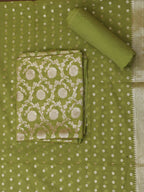 Stylish Green Banarasi Cotton Suit Set - Unstitched Trio - Luxurion World