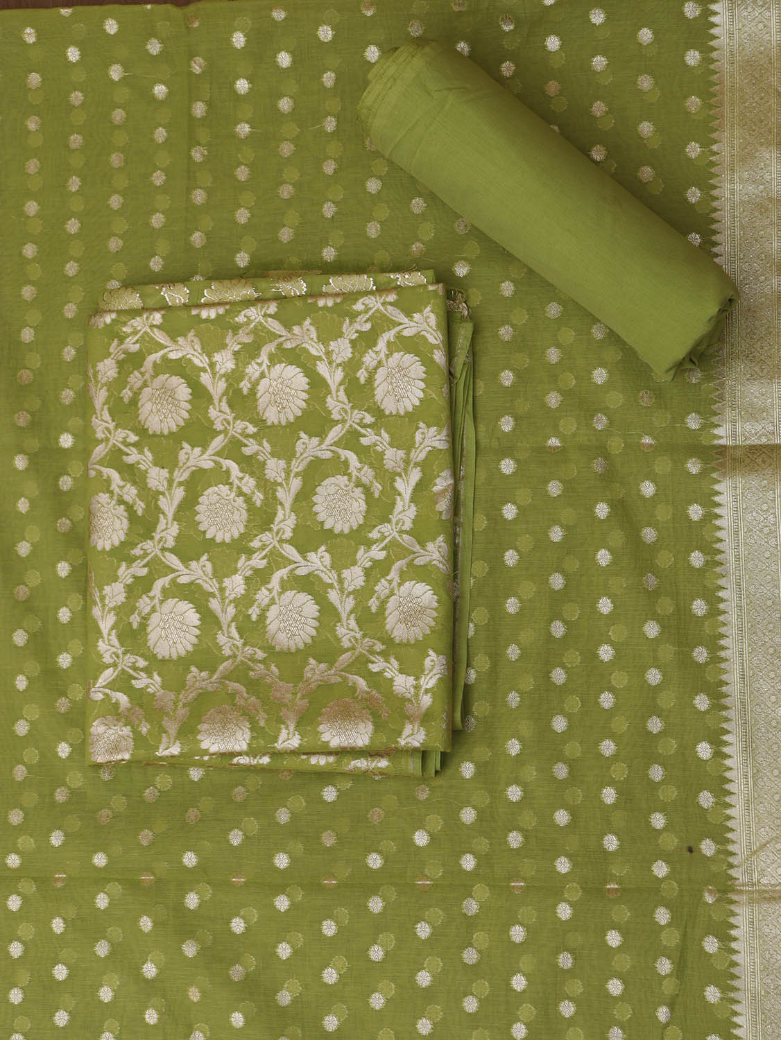Stylish Green Banarasi Cotton Suit Set - Unstitched Trio - Luxurion World