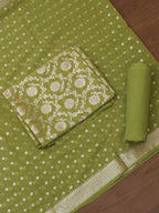 Stylish Green Banarasi Cotton Suit Set - Unstitched Trio - Luxurion World