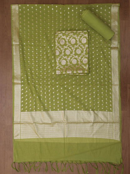 Stylish Green Banarasi Cotton Suit Set - Unstitched Trio