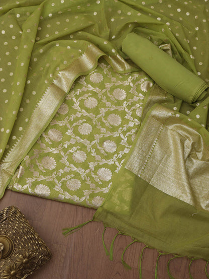 Stylish Green Banarasi Cotton Suit Set - Unstitched Trio