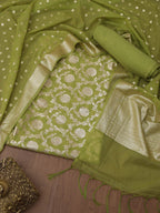 Stylish Green Banarasi Cotton Suit Set - Unstitched Trio - Luxurion World