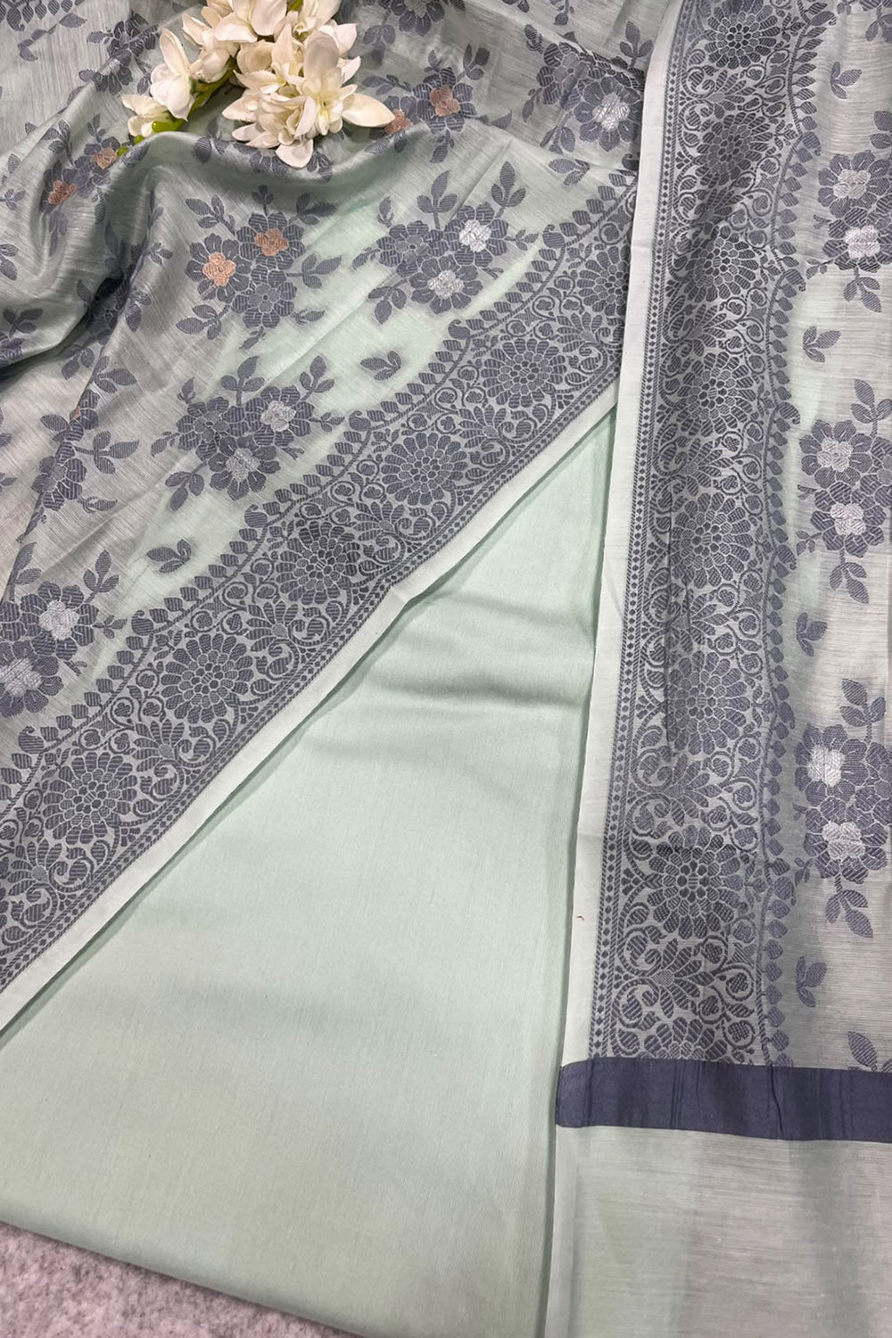 Green Banarasi Cotton Silk Three Piece Unstitched Suit Set