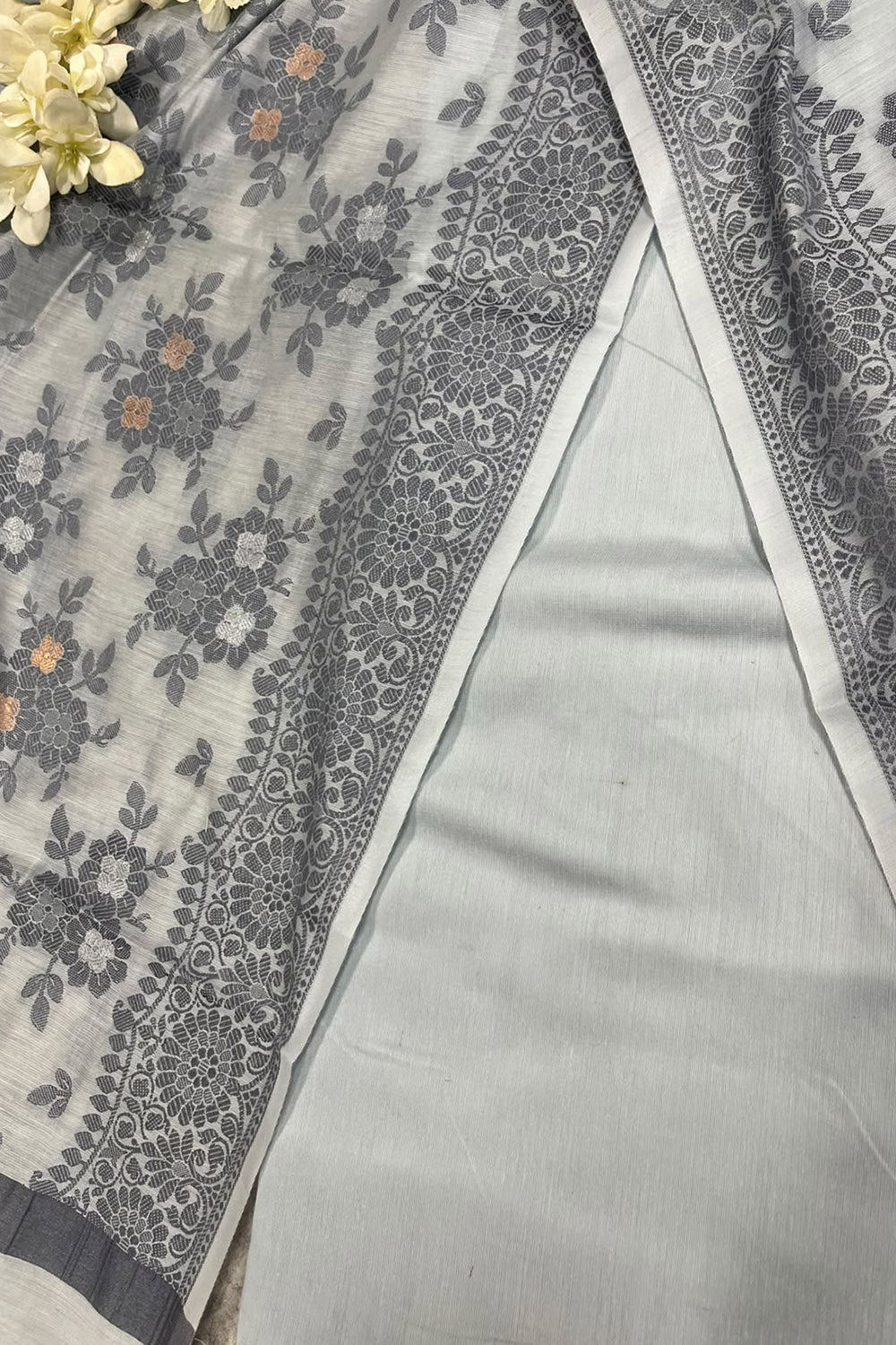 Grey Banarasi Cotton Silk Three Piece Unstitched Suit Set