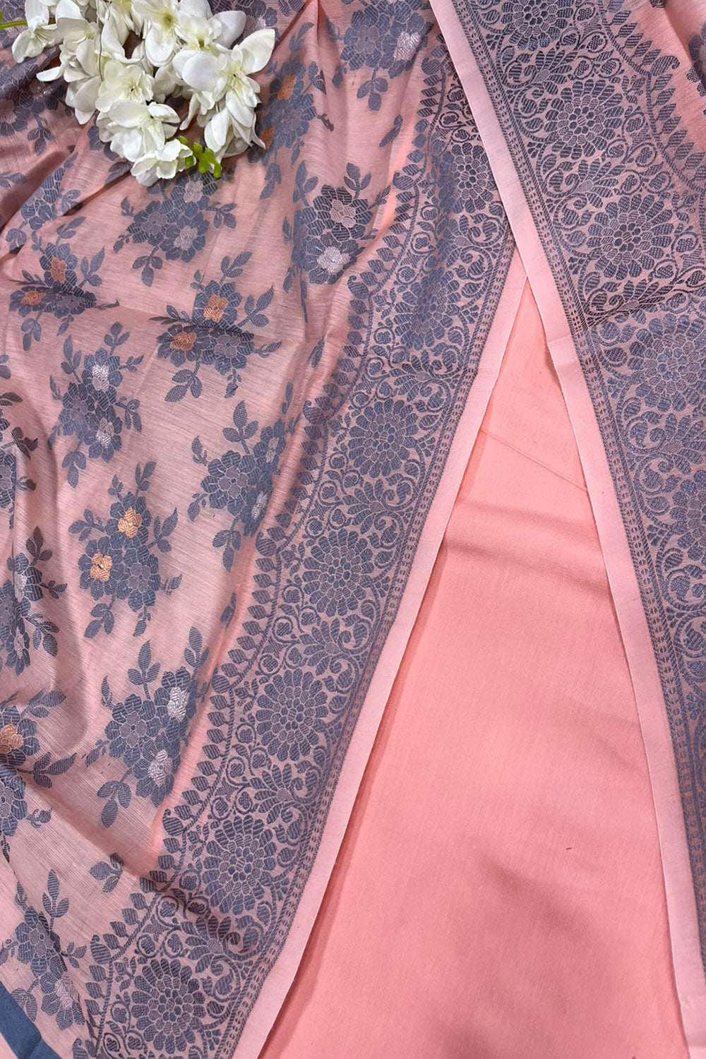 Peach Pink Banarasi Cotton Silk Three Piece Unstitched Suit Set