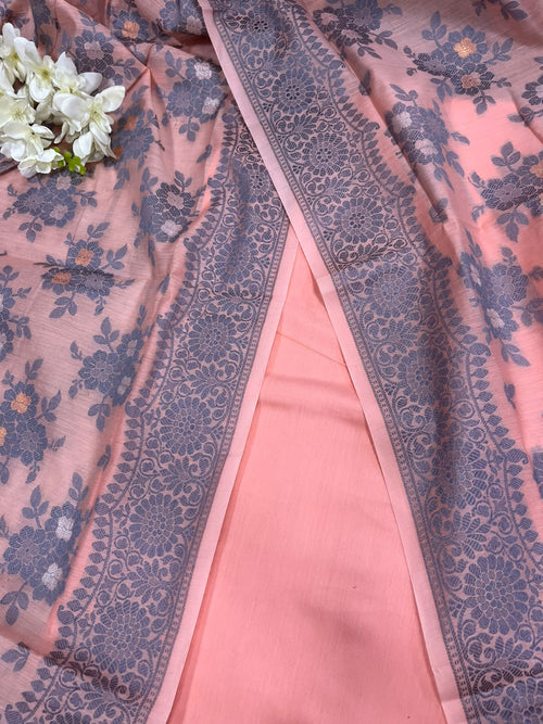 IS4B1KB426091904 Peach Pink Banarasi Cotton Silk Three Piece Unstitched Suit Set