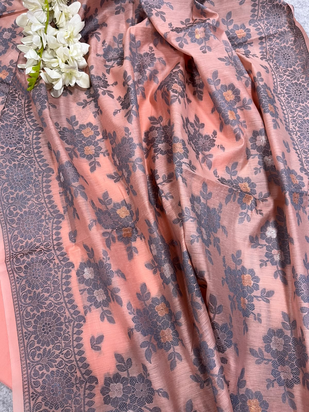 Peach Pink Banarasi Cotton Silk Three Piece Unstitched Suit Set