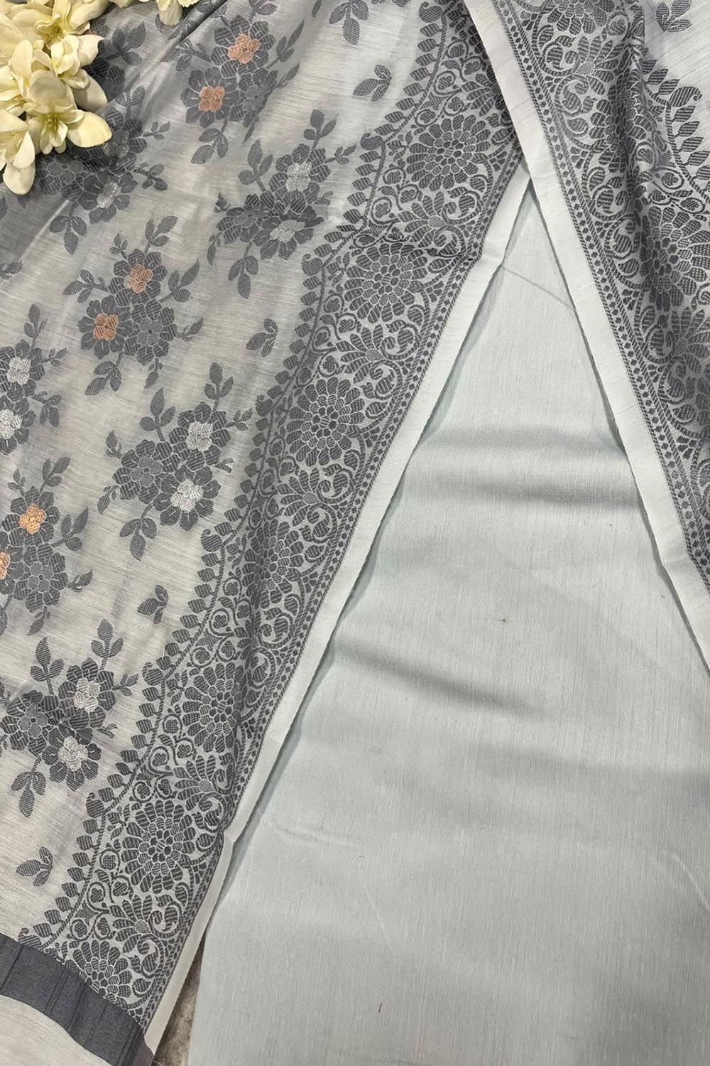 Grey Banarasi Cotton Silk Three Piece Unstitched Suit Set
