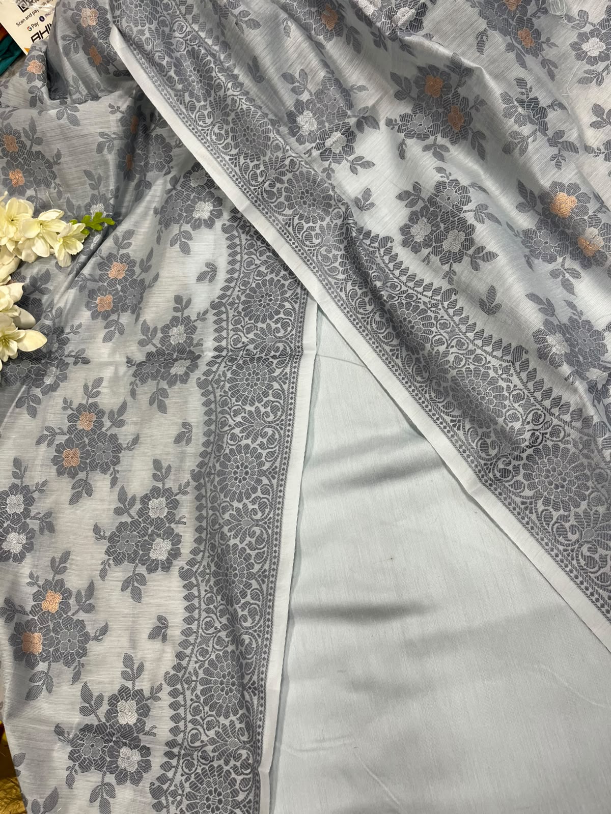 Grey Banarasi Cotton Silk Three Piece Unstitched Suit Set