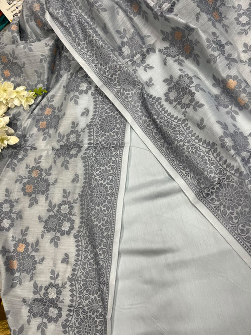 IS4B1KB426091905 Grey Banarasi Cotton Silk Three Piece Unstitched Suit Set