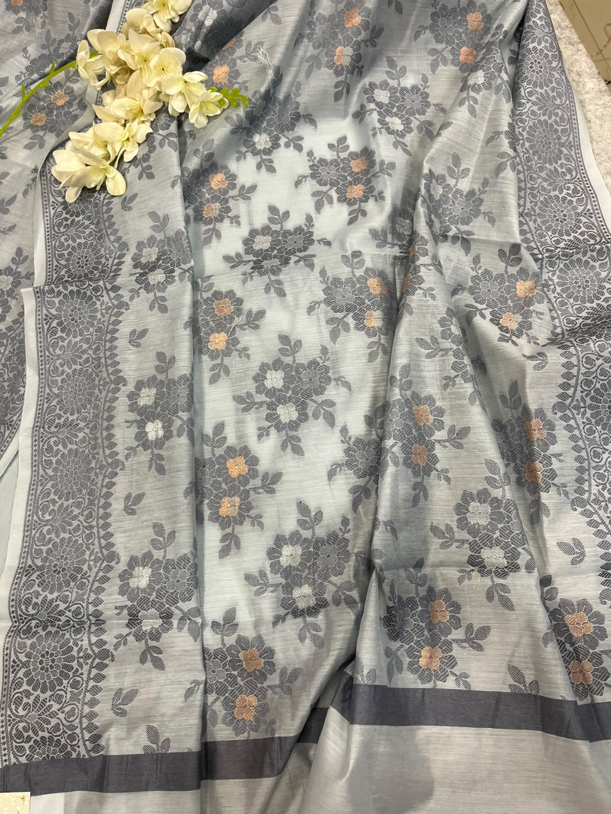 Grey Banarasi Cotton Silk Three Piece Unstitched Suit Set