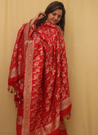Red Banarasi Handloom Pure Katan Silk Three Piece Unstitched Suit Set - Luxurion World