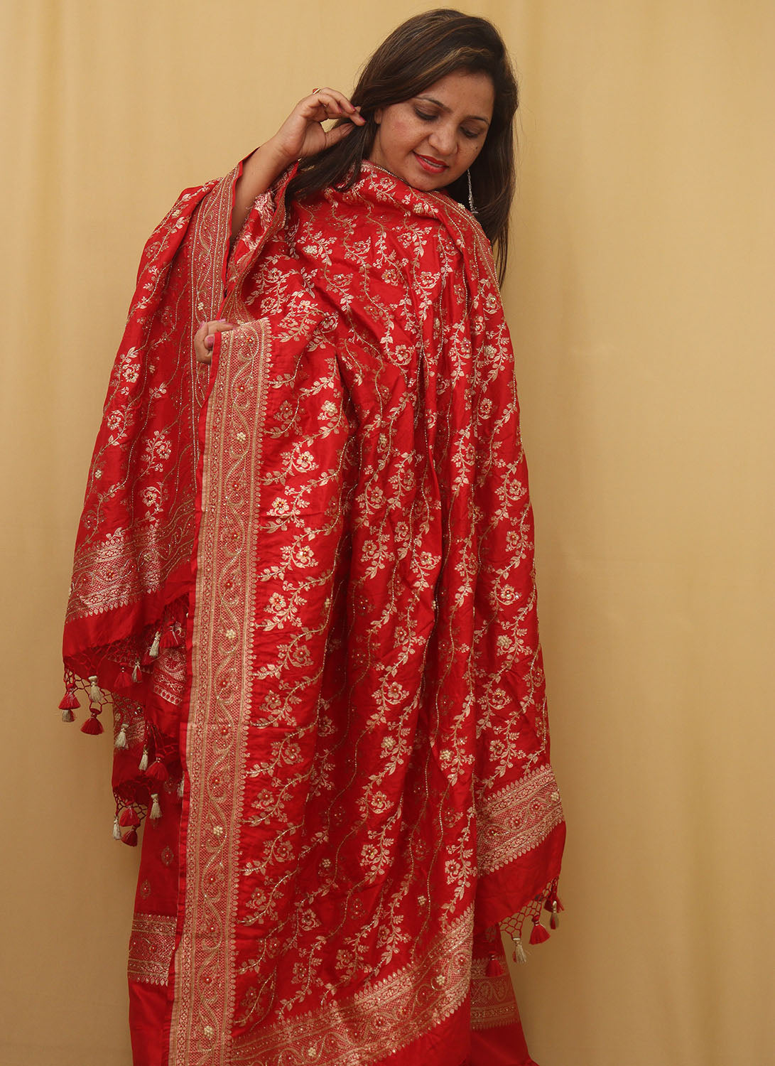 Red Banarasi Handloom Pure Katan Silk Three Piece Unstitched Suit Set - Luxurion World