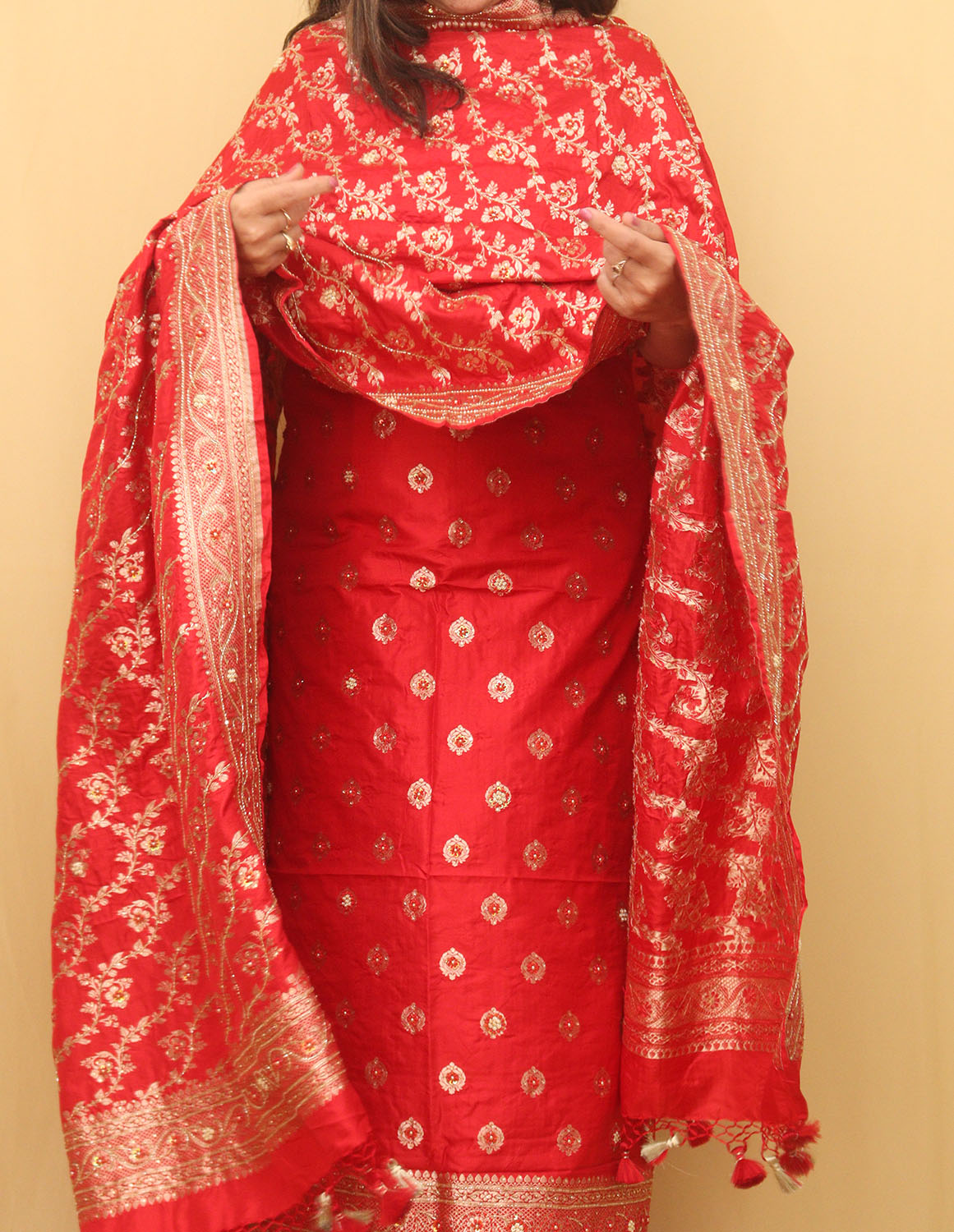 Red Banarasi Handloom Pure Katan Silk Three Piece Unstitched Suit Set - Luxurion World