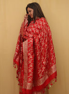 Red Banarasi Handloom Pure Katan Silk Three Piece Unstitched Suit Set - Luxurion World