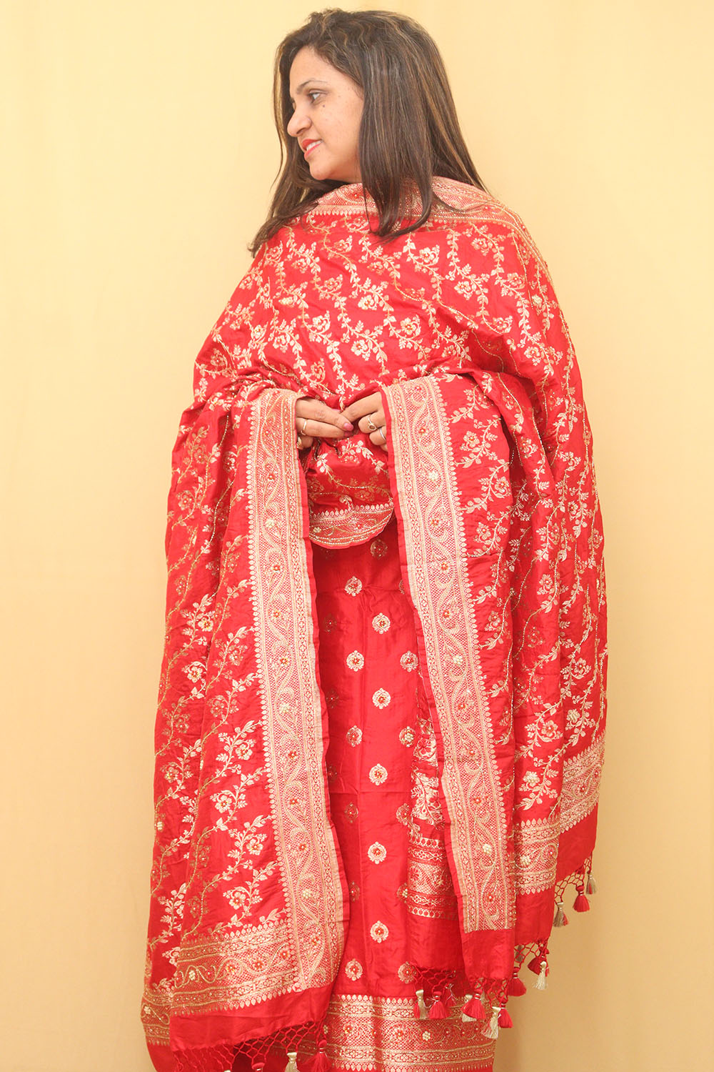 Red Banarasi Handloom Pure Katan Silk Three Piece Unstitched Suit Set - Luxurion World