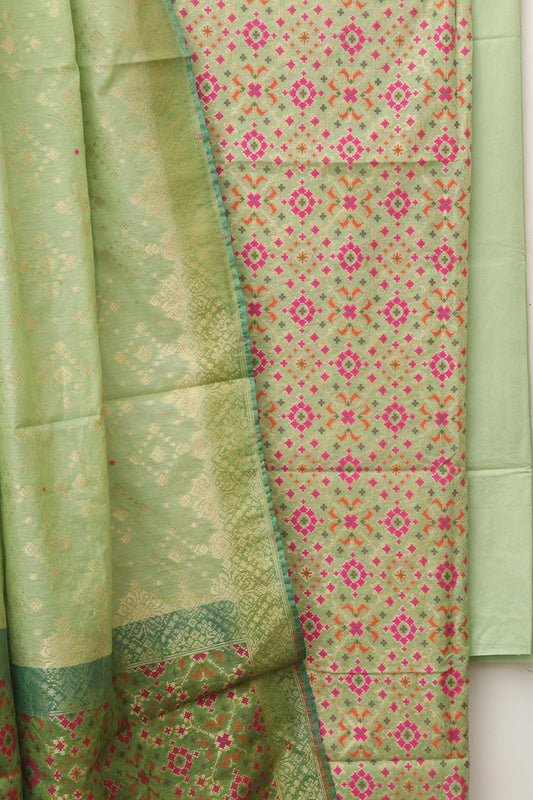 Green Banarasi Cotton Meenakari Three Piece Unstitched Suit Set