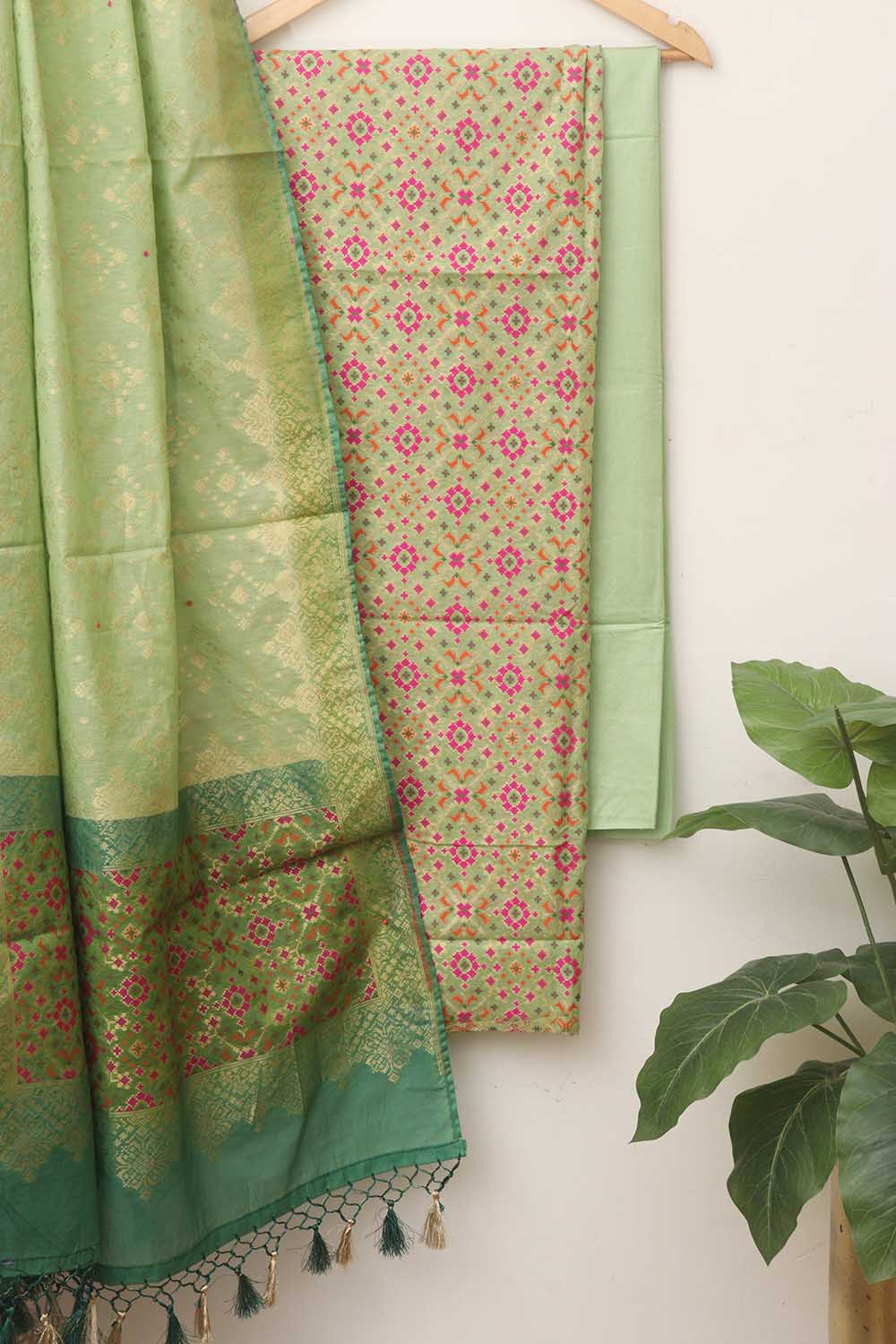 Green Banarasi Cotton Meenakari Three Piece Unstitched Suit Set - Luxurion World
