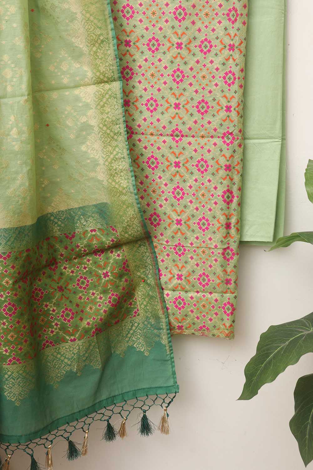 Green Banarasi Cotton Meenakari Three Piece Unstitched Suit Set - Luxurion World