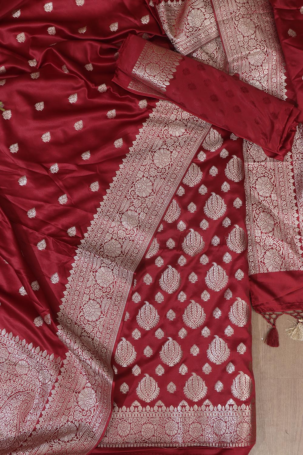 Elegant Maroon Banarasi Silk Satin Silk Three Piece Unstitch Suit Set - Luxurion World