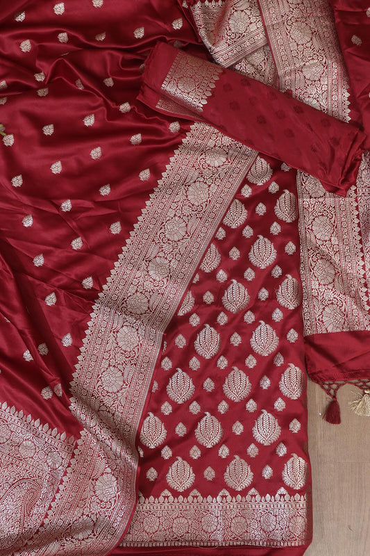 Elegant Maroon Banarasi Silk Satin Silk Three Piece Unstitch Suit Set - Luxurion World