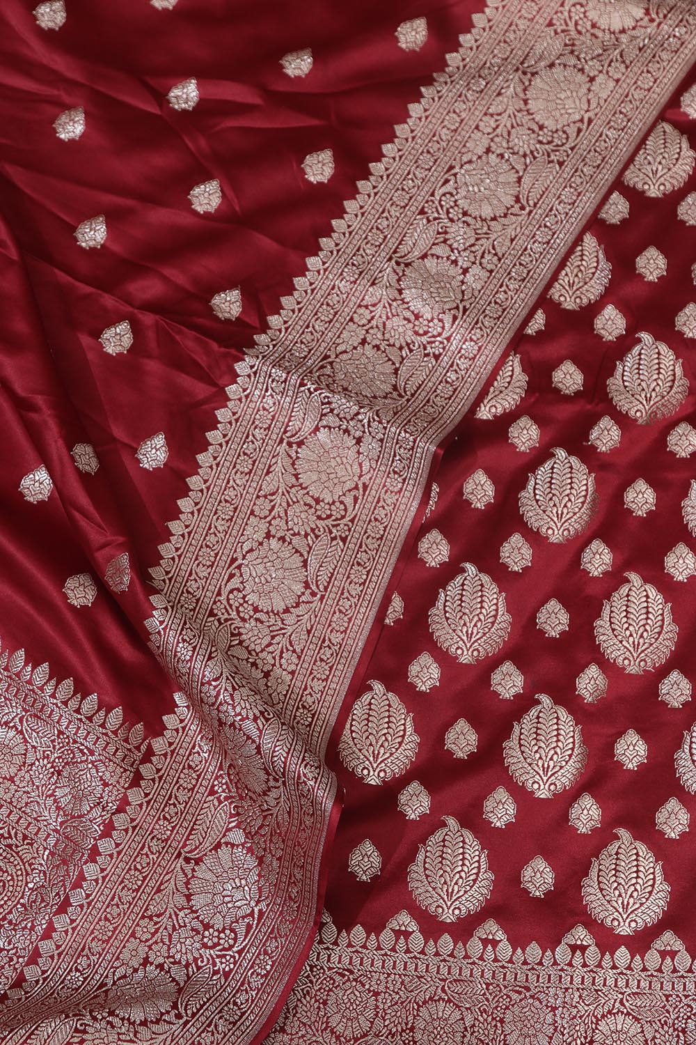 Elegant Maroon Banarasi Silk Satin Silk Three Piece Unstitch Suit Set - Luxurion World