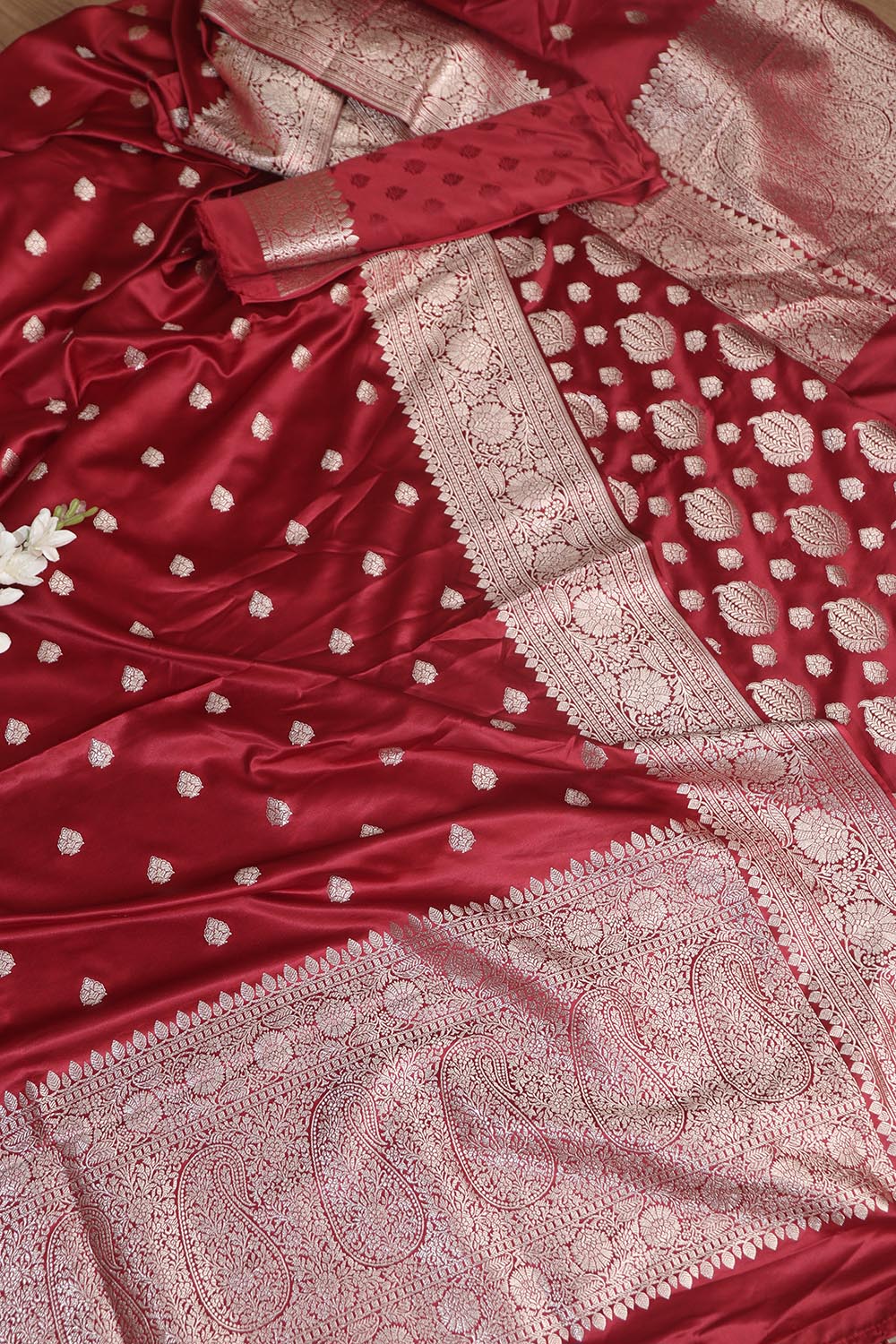 Elegant Maroon Banarasi Silk Satin Silk Three Piece Unstitch Suit Set - Luxurion World