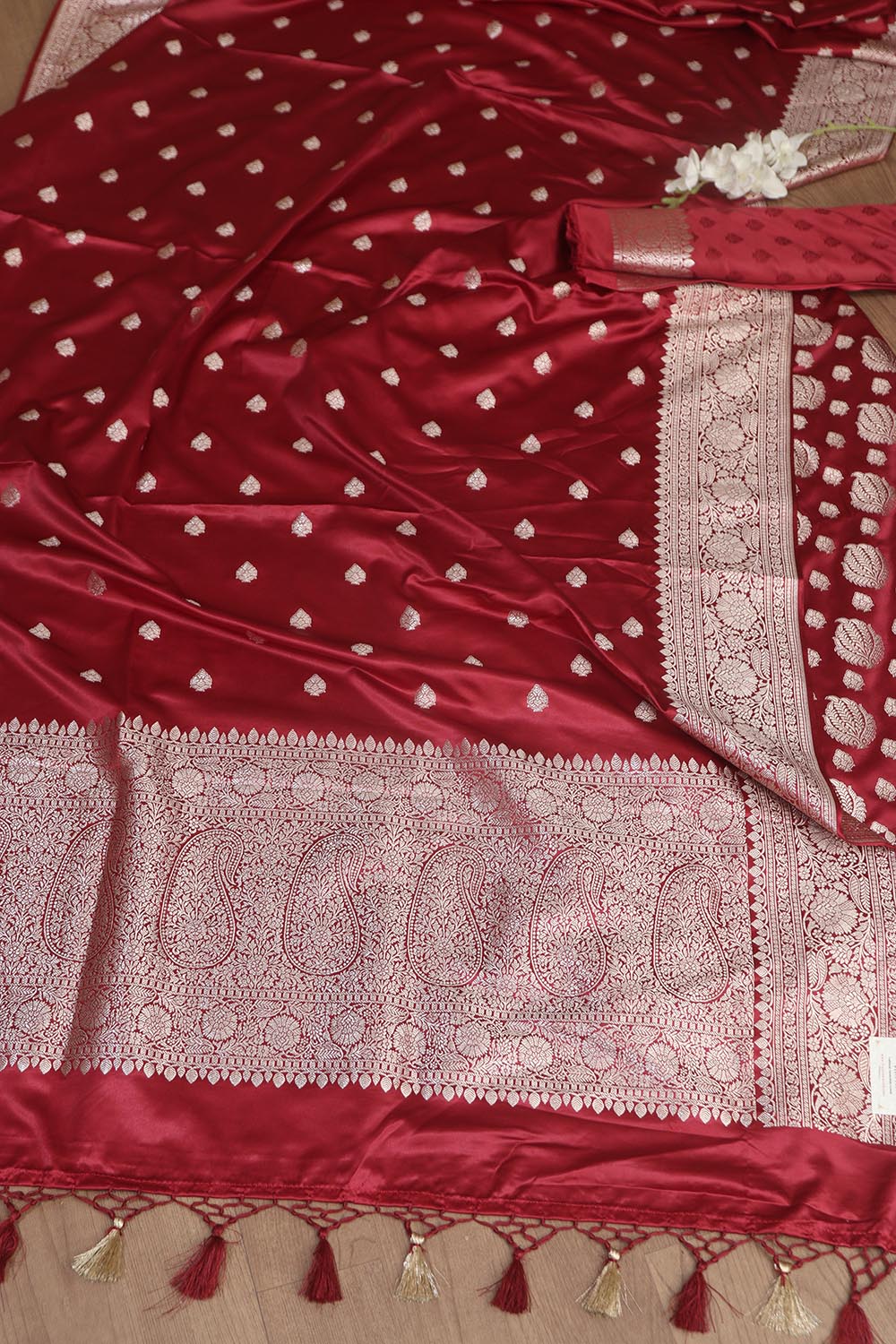 Elegant Maroon Banarasi Silk Satin Silk Three Piece Unstitch Suit Set - Luxurion World