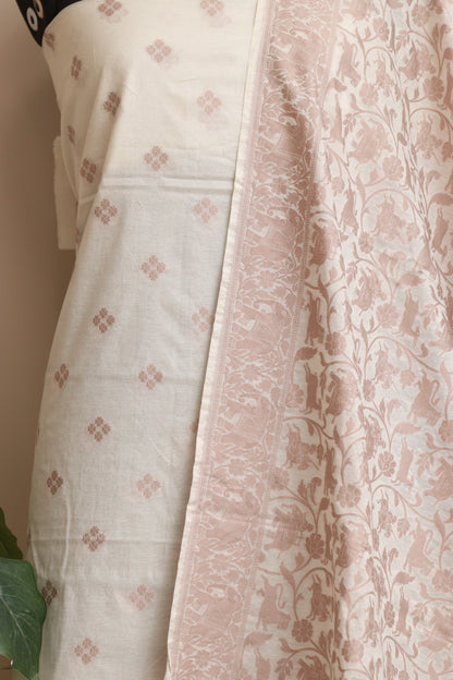 Stunning Dyeable Banarasi Cotton Shikargah Three Piece Unstitched Suit Set - Luxurion World