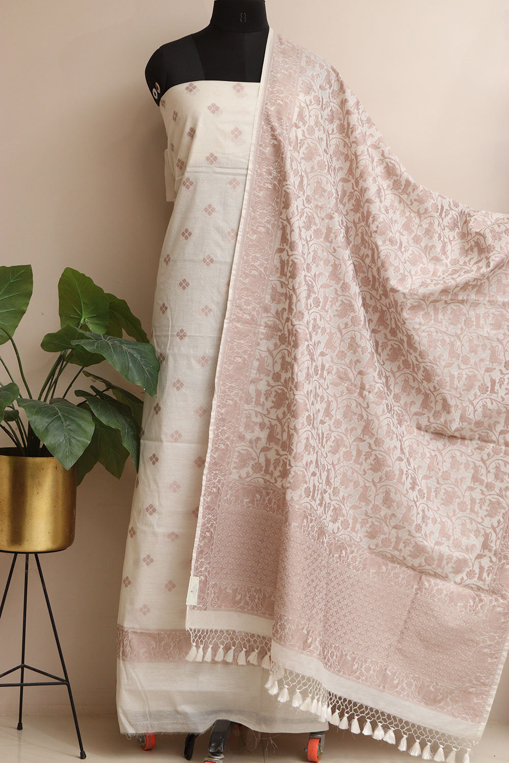 Stunning Dyeable Banarasi Cotton Shikargah Three Piece Unstitched Suit Set - Luxurion World