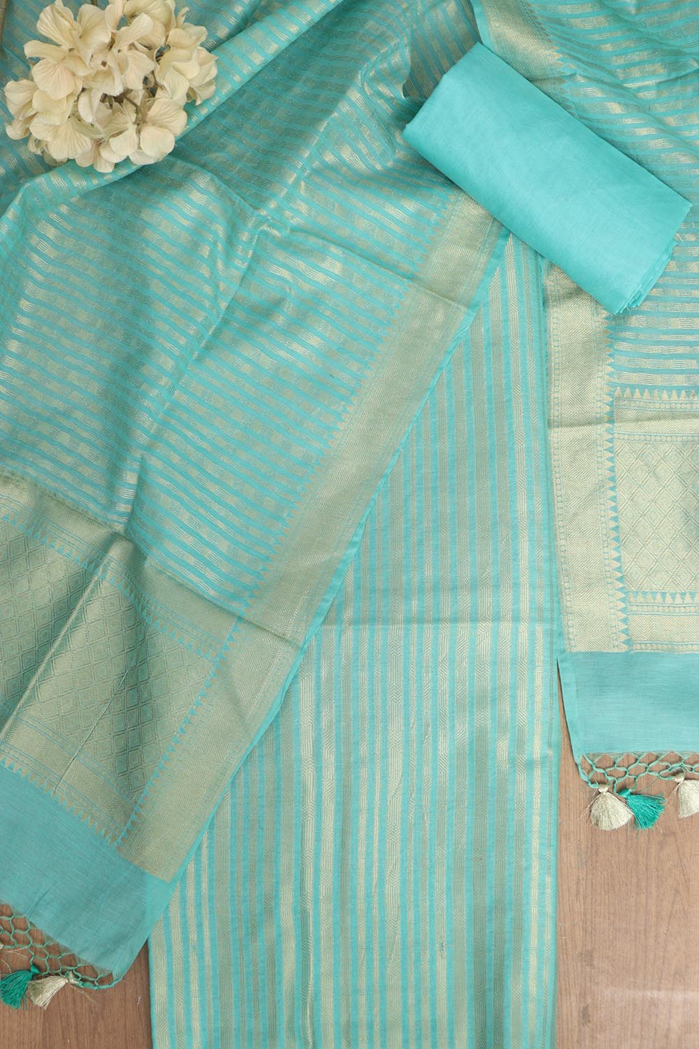 Blue Banarasi Cotton Three Piece Unstitched Stripes Design Suit Set - Luxurion World