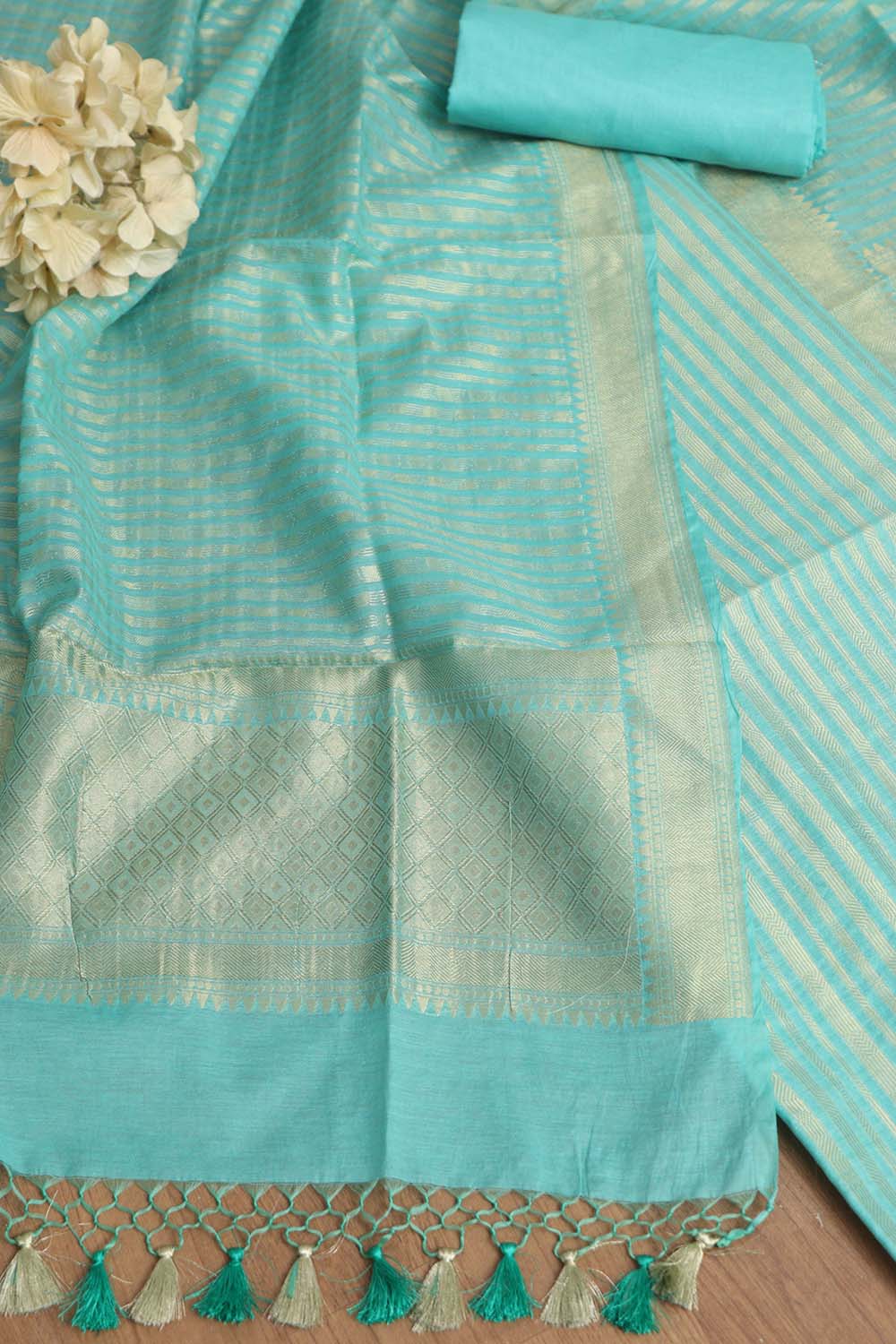 Blue Banarasi Cotton Three Piece Unstitched Stripes Design Suit Set - Luxurion World