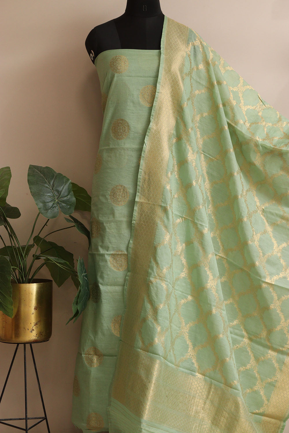 Green Banarasi Cotton Three Piece Unstitched Big Boota Design Suit Set - Luxurion World