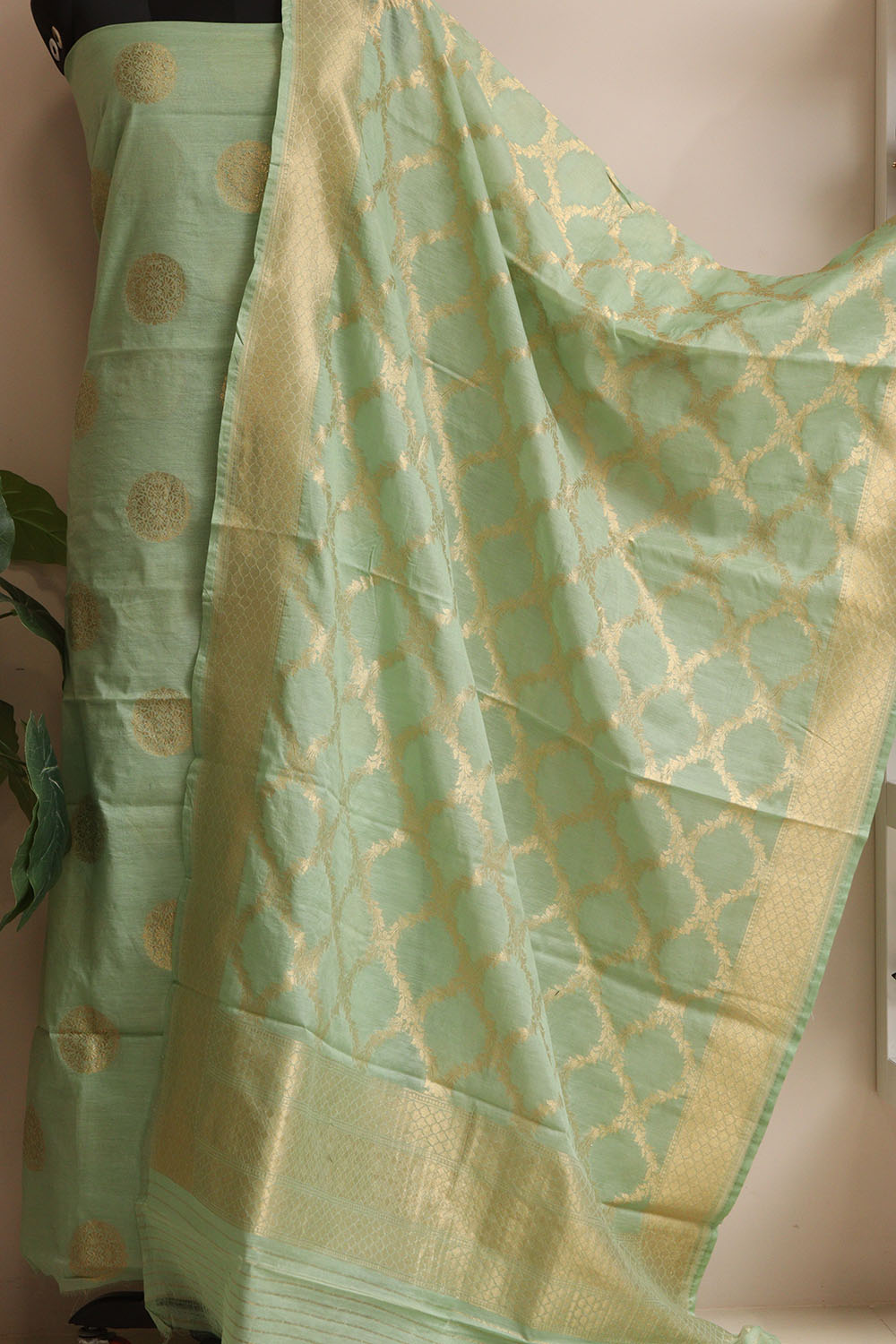 Green Banarasi Cotton Three Piece Unstitched Big Boota Design Suit Set - Luxurion World