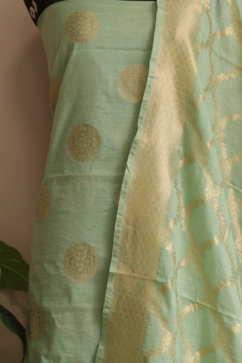 Green Banarasi Cotton Three Piece Unstitched Big Boota Design Suit Set - Luxurion World