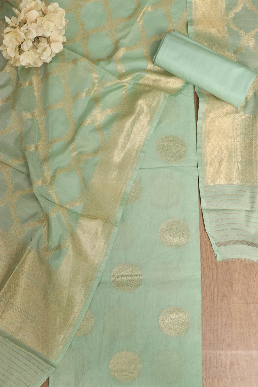 Green Banarasi Cotton Three Piece Unstitched Big Boota Design Suit Set - Luxurion World