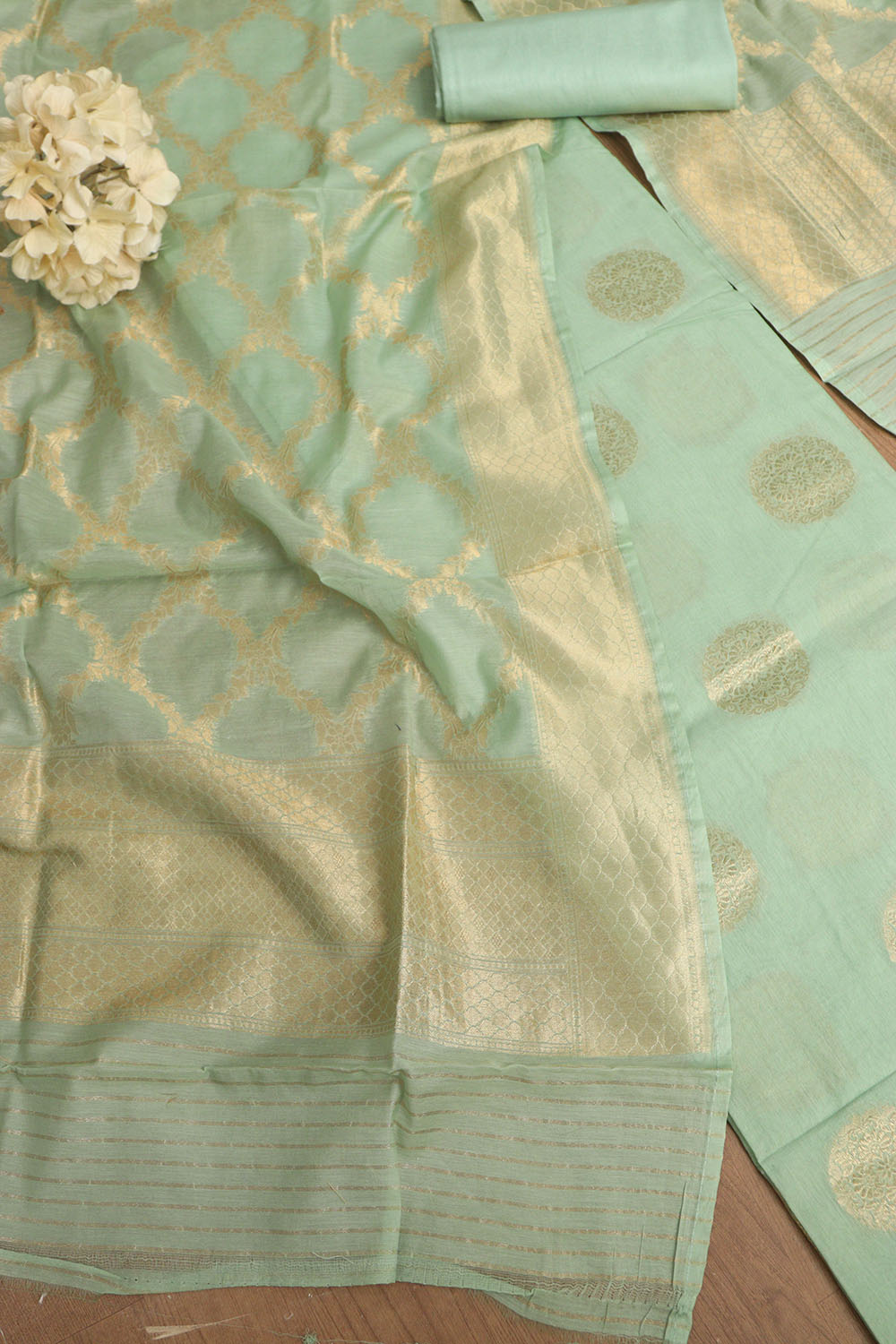 Green Banarasi Cotton Three Piece Unstitched Big Boota Design Suit Set - Luxurion World