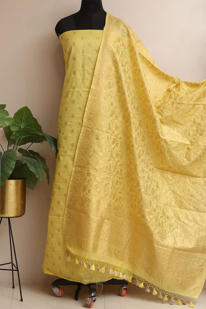 Yellow Banarasi Cotton Three Piece Unstitched Flower Design Suit Set - Luxurion World