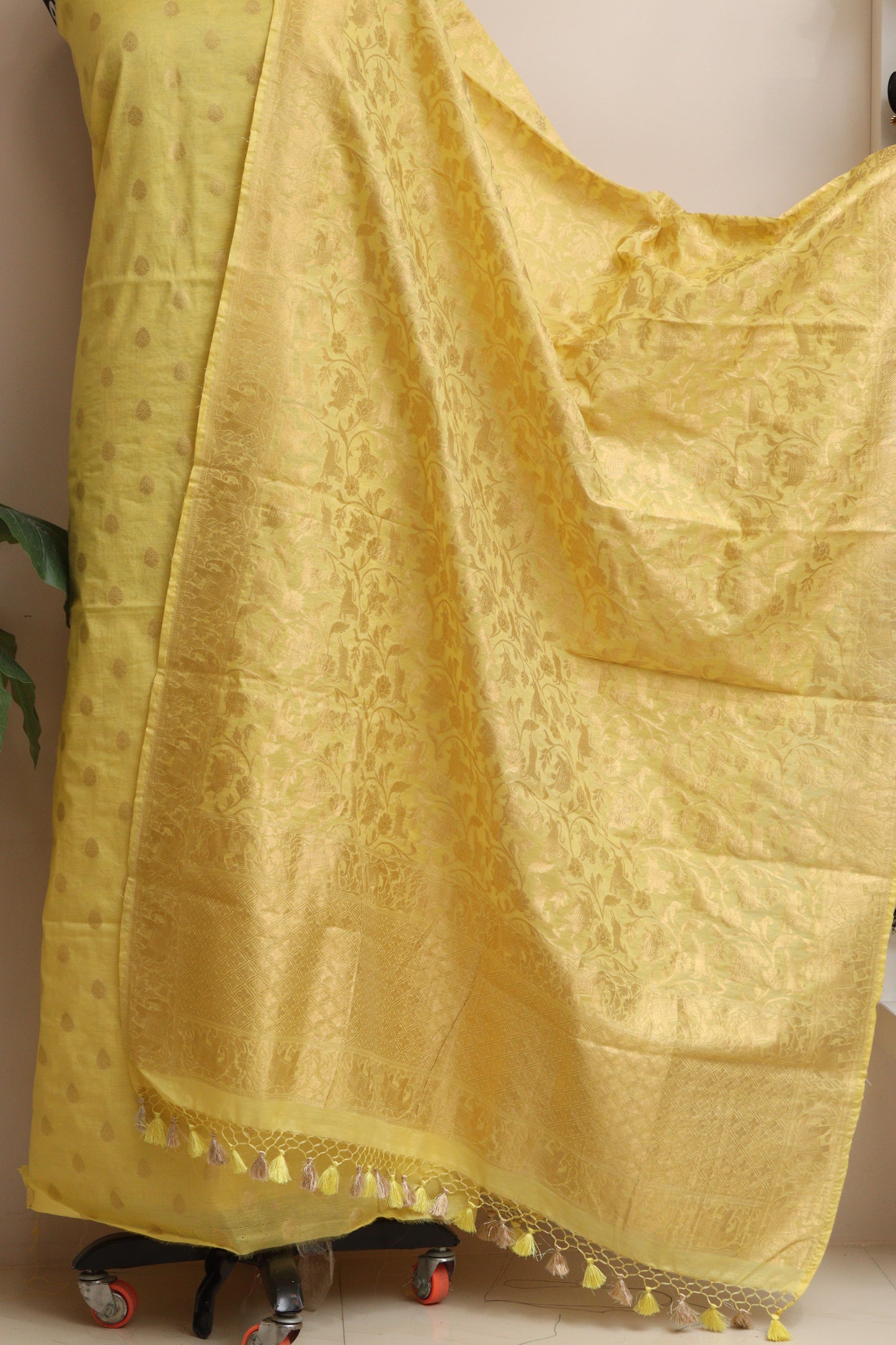 Yellow Banarasi Cotton Three Piece Unstitched Flower Design Suit Set - Luxurion World