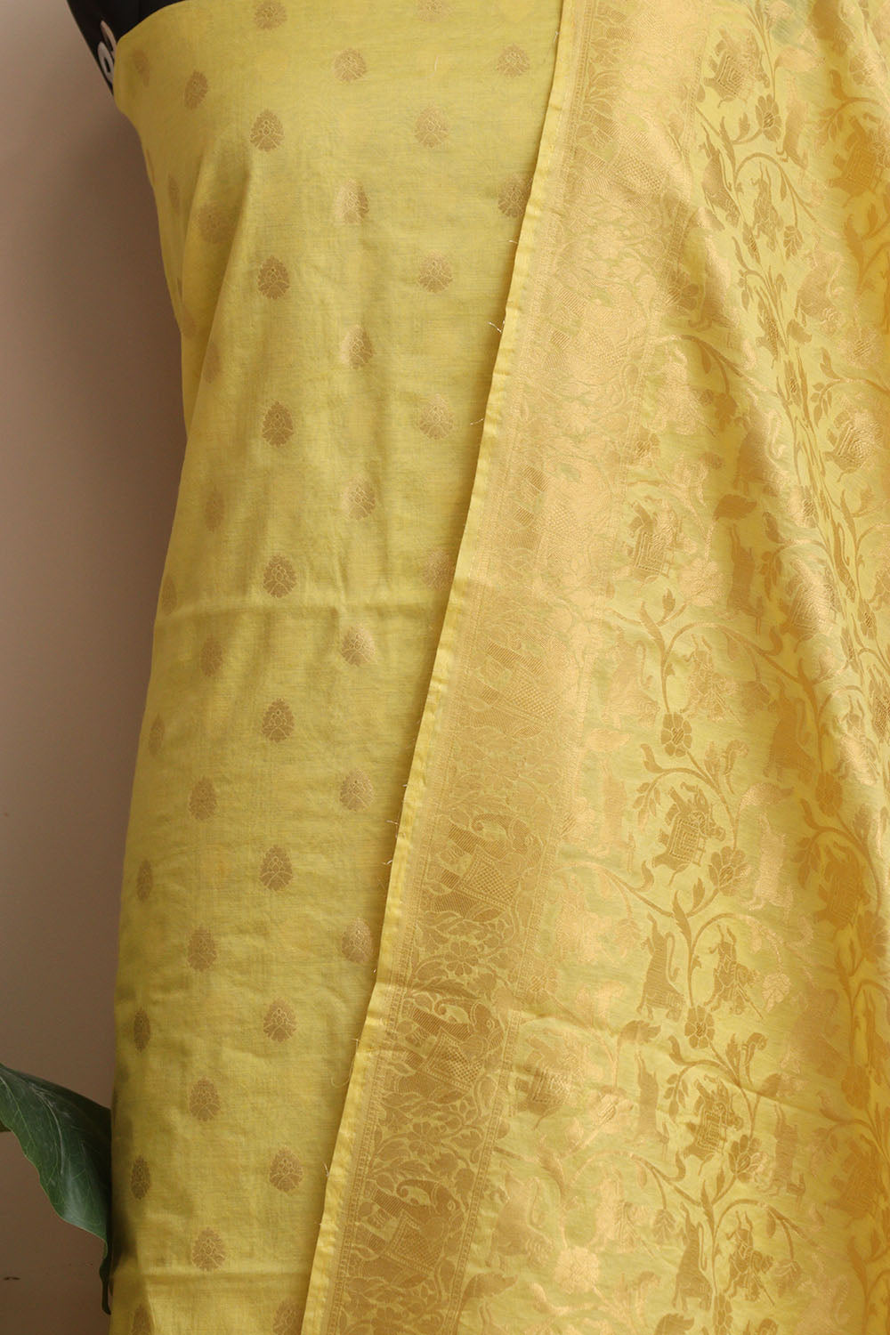 Yellow Banarasi Cotton Three Piece Unstitched Flower Design Suit Set - Luxurion World