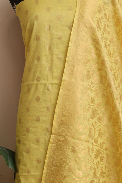 Yellow Banarasi Cotton Three Piece Unstitched Flower Design Suit Set - Luxurion World