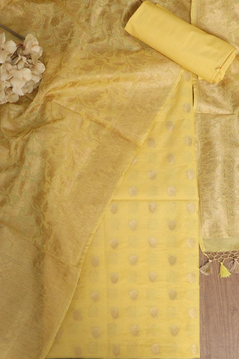 Yellow Banarasi Cotton Three Piece Unstitched Flower Design Suit Set - Luxurion World