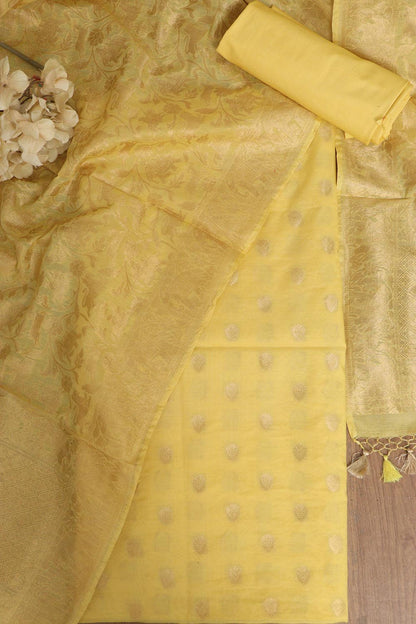 Yellow Banarasi Cotton Three Piece Unstitched Flower Design Suit Set - Luxurion World